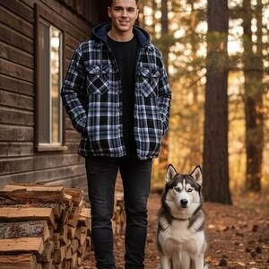 Legendary‎ sportsman Hooded Flannel Jacket Navy Blue Plaid Size M quilted lining